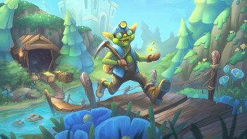 Картинка фэнтези существа гоблин шахтер кирка мост река пещера