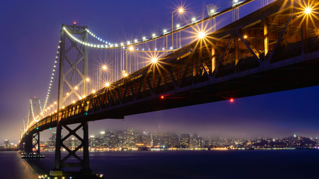 Обои картинки фото города, сан-франциско , сша, сан, франциско, окленд, бэй, мост, огни, туман