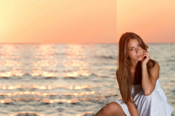 Картинка девушки анастасия+пантелеева+ lily+c +raisa +natalia+e +lily+chey море закат белое платье