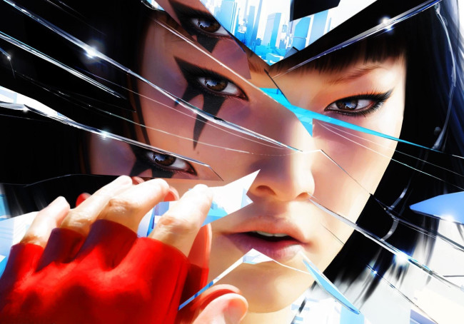 Обои картинки фото видео игры, mirrors edge, девушка, лицо, трещины, осколки, рука