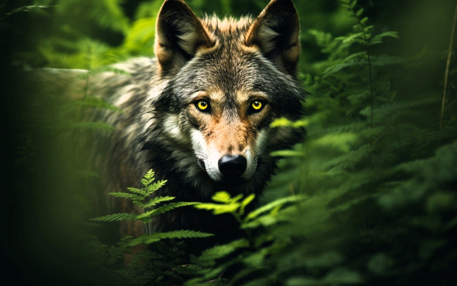 Обои картинки фото 3д графика, животные , animals, волк, лес, папоротник