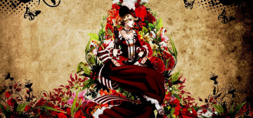 Картинка аниме *unknown другое шляпа узор девушка веер бабочки цветы