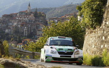 Картинка спорт авторалли стена деревья автомобиль дорога город горы