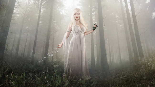 Обои картинки фото фэнтези, девушки, девушка, лес, туман, цветок, трава, лето