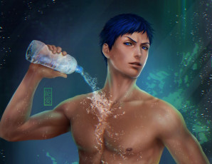 Картинка рисованные люди бутылка взгляд торс вода aomine daiki парень zetsuai89