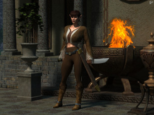 Картинка 3д+графика эльфы+ elves взгляд эльфийка огонь меч