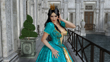 обоя 3д графика, люди , people, бассейн, улыбка, взгляд, девушка, платье, корона, растения