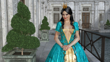 Картинка 3д+графика люди+ people корона растения бассейн платье улыбка взгляд девушка