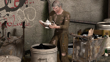 Картинка 3д+графика люди+ people лампа мусор нищие мужчина