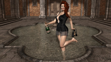 Картинка 3д+графика люди+ people вино улыбка рыжая бассейн взгляд девушка