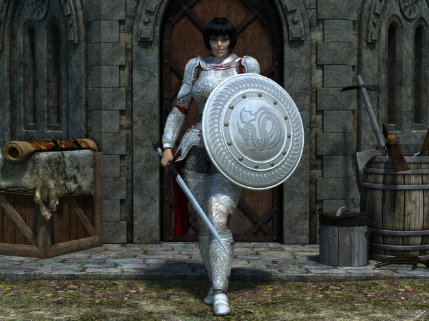 Обои картинки фото 3д графика, амазонки , amazon, девушка, щит, взгляд, меч