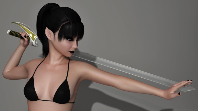 Обои картинки фото 3д графика, эльфы , elves, фон, меч, взгляд, эльфийка