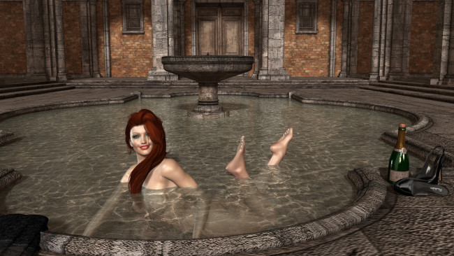 Обои картинки фото 3д графика, люди , people, бассейн, взгляд, девушка, рыжая, вино, улыбка