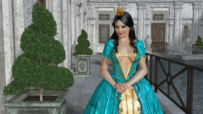 Обои картинки фото 3д графика, люди , people, корона, растения, бассейн, платье, улыбка, взгляд, девушка