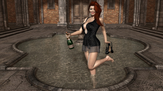 Обои картинки фото 3д графика, люди , people, вино, улыбка, рыжая, бассейн, взгляд, девушка