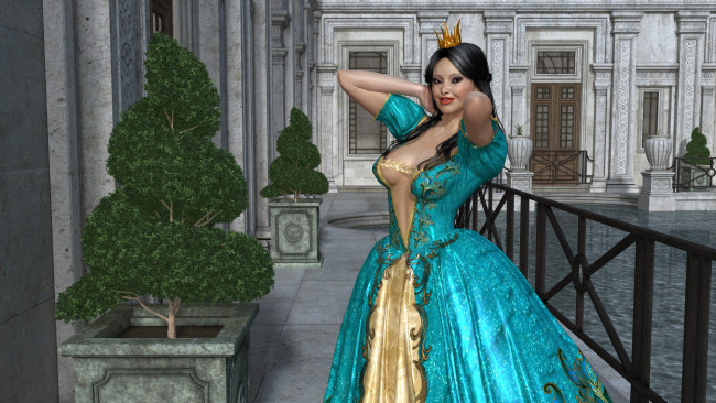 Обои картинки фото 3д графика, люди , people, взгляд, девушка, платье, корона, растения, бассейн, улыбка