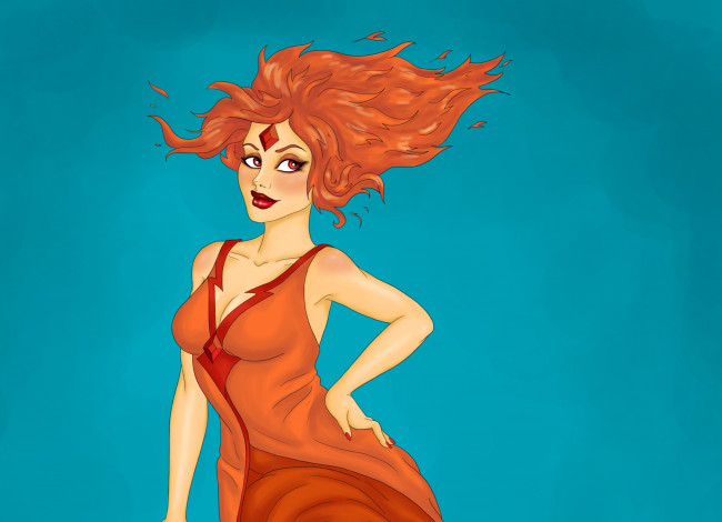 Обои картинки фото рисованные, люди, рыжая, фон, взгляд, девушка