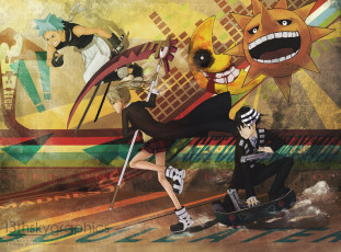 Картинка аниме soul+eater солнце парни девушка death the kid black star soul eater пожиратель душ seika арт maka albarn пистолеты катана коса месяц оружие