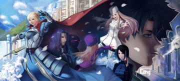 Картинка аниме fate zero art cang девушки парни saber berserker emiya kiritsugu hisau maiya illyasviel von einzbern irisviel радость жест оружие плащ цветы сигарета