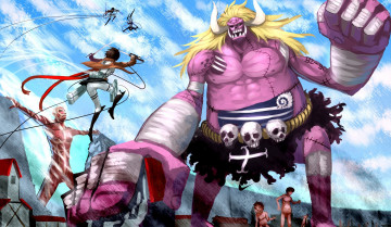 Картинка attack+on+titan+&+one+piece аниме unknown +другое mikasa ackerman titan attack on shingeki no kyojin one piece eren yeager giant crossover oars