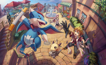 Картинка аниме животные +существа ho-oh artist девушка драконы город парень арт