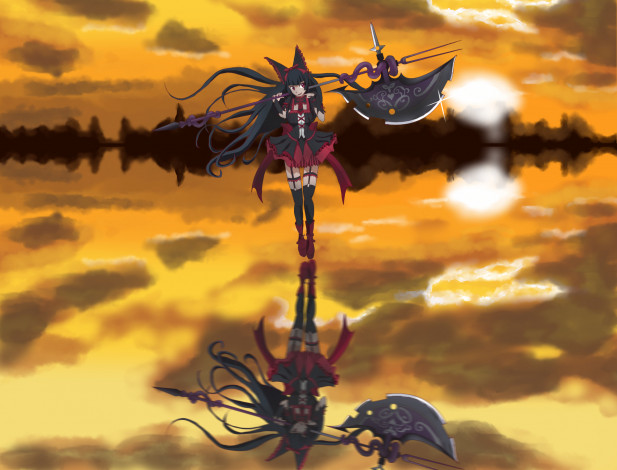 Обои картинки фото аниме, gate, арт, kogane, ryuume, jieitai, kanochi, nite, kaku, tatakaeri, rory, mercury, девушка, отражение, оружие, закат, солнце