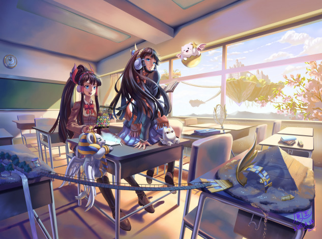 Обои картинки фото аниме, животные,  существа, ho-oh, artist, часы, класс, существа, девушки, арт, nephthys, isis, puzzle, dragons