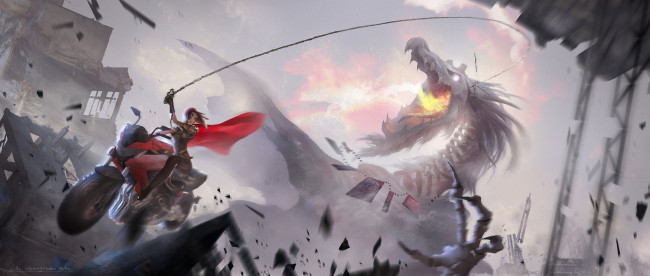 Обои картинки фото аниме, животные,  существа, дракон, повязка, девушка, lost, elle, арт