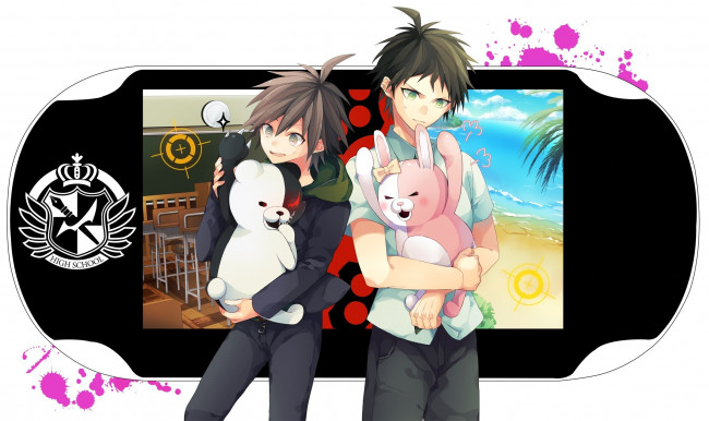 Обои картинки фото аниме, danganronpa, monokuma, naegi, hinata, hajime, console, dangan-ronpa