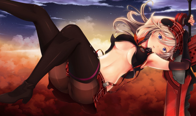 Обои картинки фото аниме, god eater, эротика, guhua67, оружие, облака, закат, меч, поза, девушка, арт, god, eater, alisa, ilinichina, amiella, небо