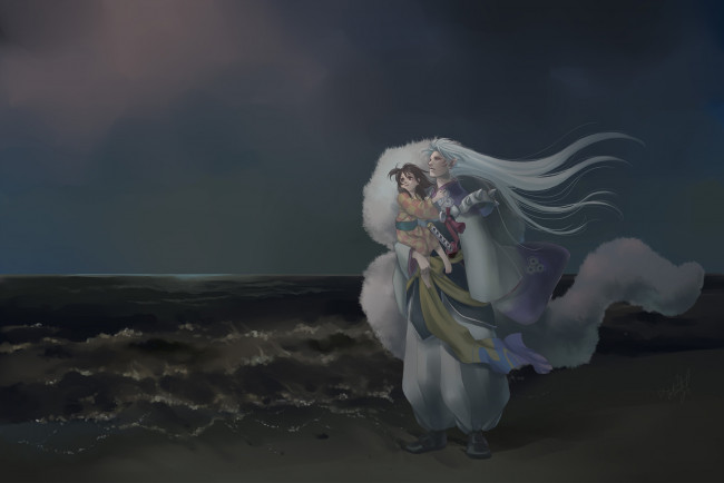 Обои картинки фото аниме, inuyasha, сешимару, рин, инуяша, арт