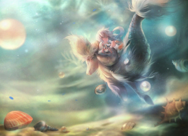 Обои картинки фото аниме, животные,  существа, sui, petit, comet, девушка, ракушки