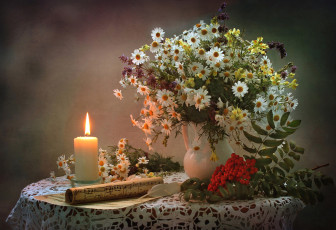 Картинка еда натюрморт свеча ноты ромашки букет рябина