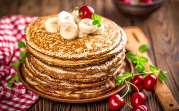 Картинка еда блины +оладьи banana pancakes джем бананы выпечка