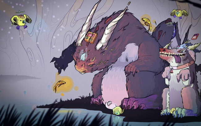 Обои картинки фото фэнтези, существа, птицы, рыбы, пульты, животные, рога