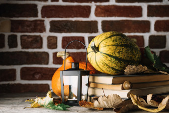 Картинка еда тыква осень чай напиток книги листья