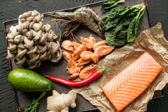 Картинка еда разное зелень грибы морепродукты креветки семга