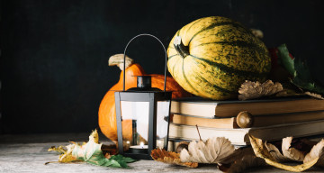 Картинка еда тыква листья книги напиток осень чай