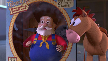 обоя мультфильмы, toy story 2, игрушка, лошадь, коробка, дедушка