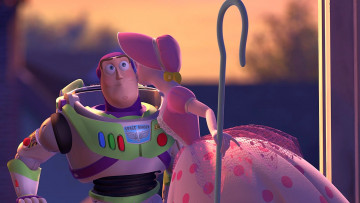 обоя мультфильмы, toy story 2, пастушка, игрушка, поцелуй, космонавт