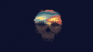 Картинка рисованное минимализм череп солдаты города корабль