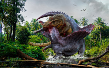 Картинка рисованное животные +доисторические лес динозавры