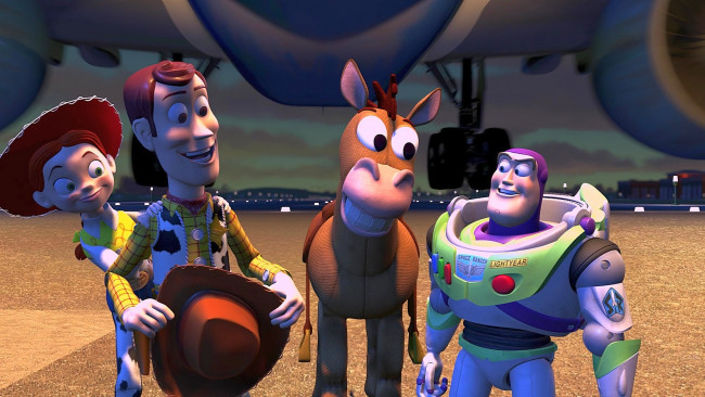 Обои картинки фото мультфильмы, toy story 2, ковбой, лошадь, космонавт, игрушка, девушка