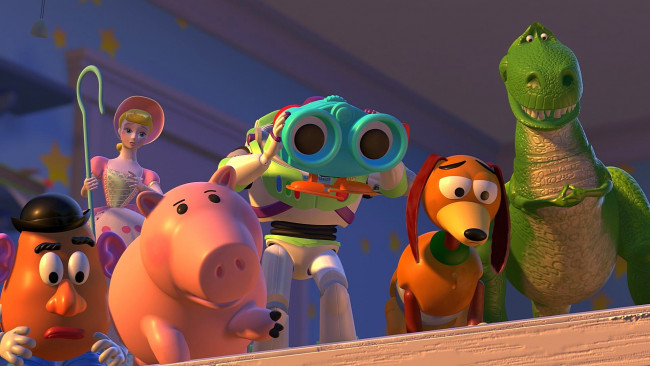 Обои картинки фото мультфильмы, toy story 2, собака, игрушка, пастушка, поросенок, бинокль