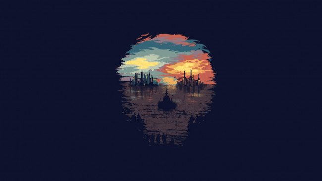 Обои картинки фото рисованное, минимализм, череп, солдаты, города, корабль