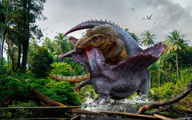 Обои картинки фото рисованное, животные,  доисторические, лес, динозавры