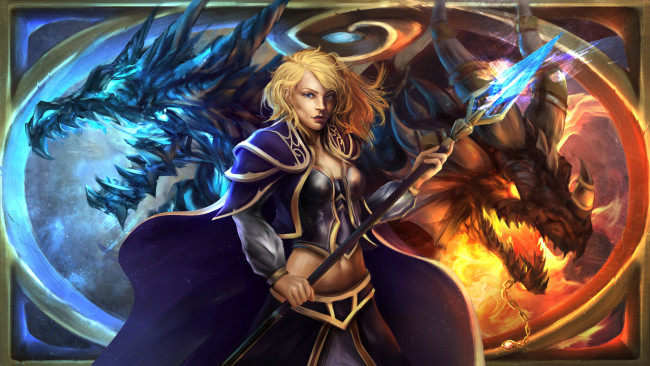 Обои картинки фото фэнтези, красавицы и чудовища, фон, девушка, копье, дракон, взгляд