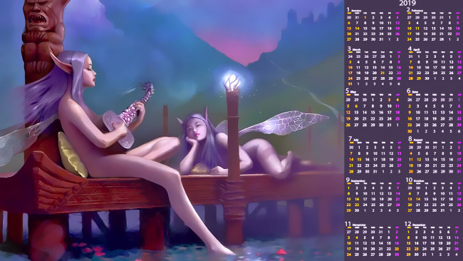 Обои картинки фото календари, фэнтези, девушка, крылья, двое, музыка, вода