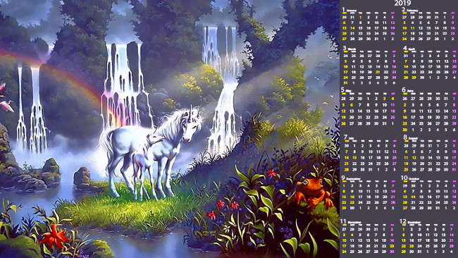 Обои картинки фото календари, фэнтези, единорог, водопад, цветы, лягушка, природа