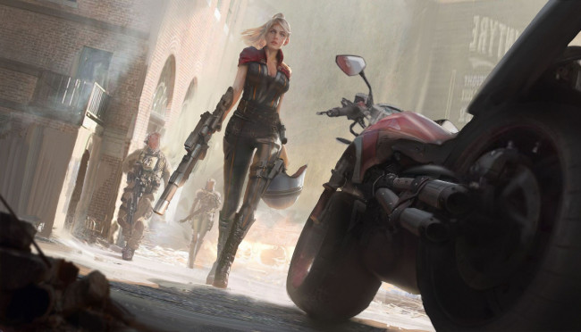 Обои картинки фото фэнтези, девушки, взгляд, sci-fi, костюм, арт, фантастика, оружие, девушка